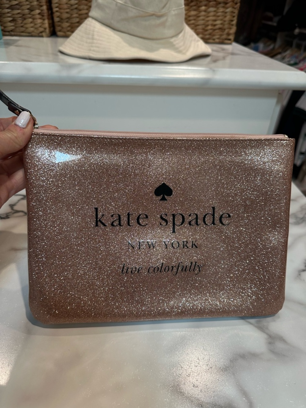 kate spade glitter cosmetic pouch in rose gold